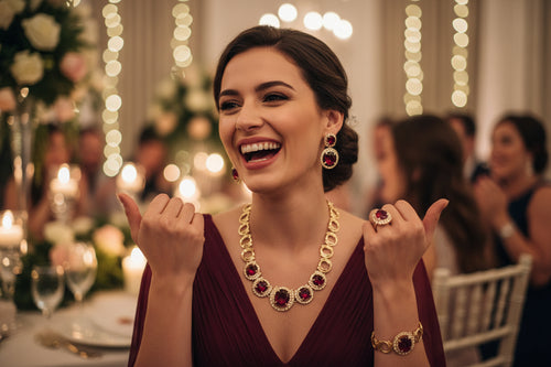 Accesorios de boda para novia en color dorado con cristales y circonitas verdes y rojas, conjunto de joyería nupcial que incluye collar con colgante, pendientes y anillo para mujer.
